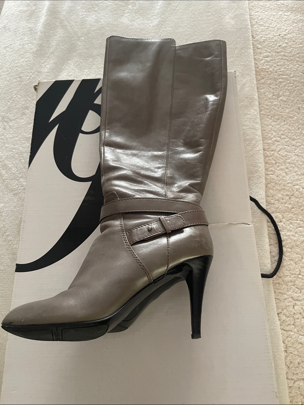 Nine West Taupe Leather Pointed-Toe Knee Boots with Wrap Strap